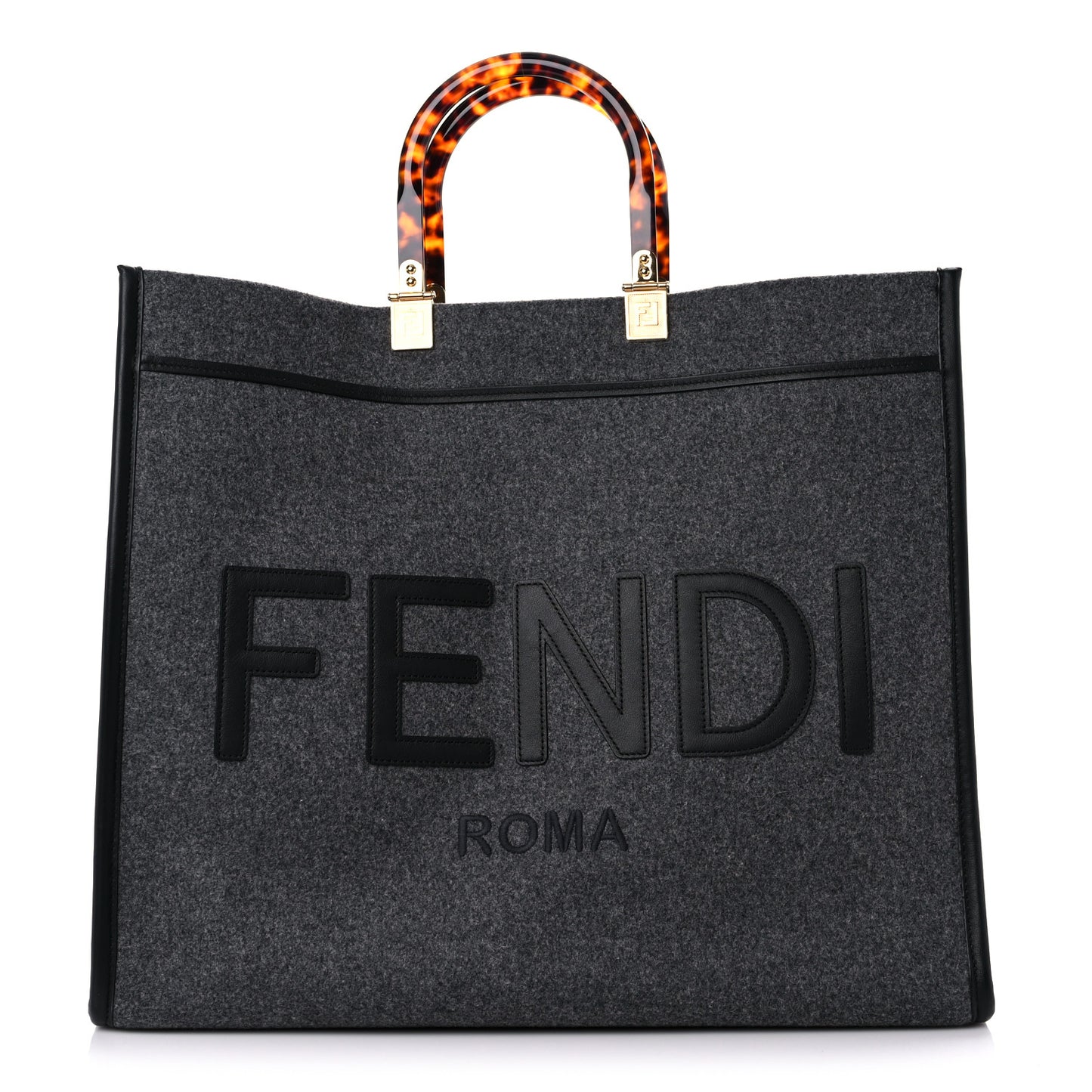 Melange Flannel Plexiglass Satin Logo Embroidered Threaded Edge Large Fendi Sunshine Shopper Tote Grigio Black