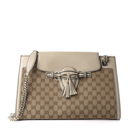 Gucci Monogram Margaux Calfskin Large Emily Chain Shoulder Bag Beige Ebony Mystic White 1 of 9