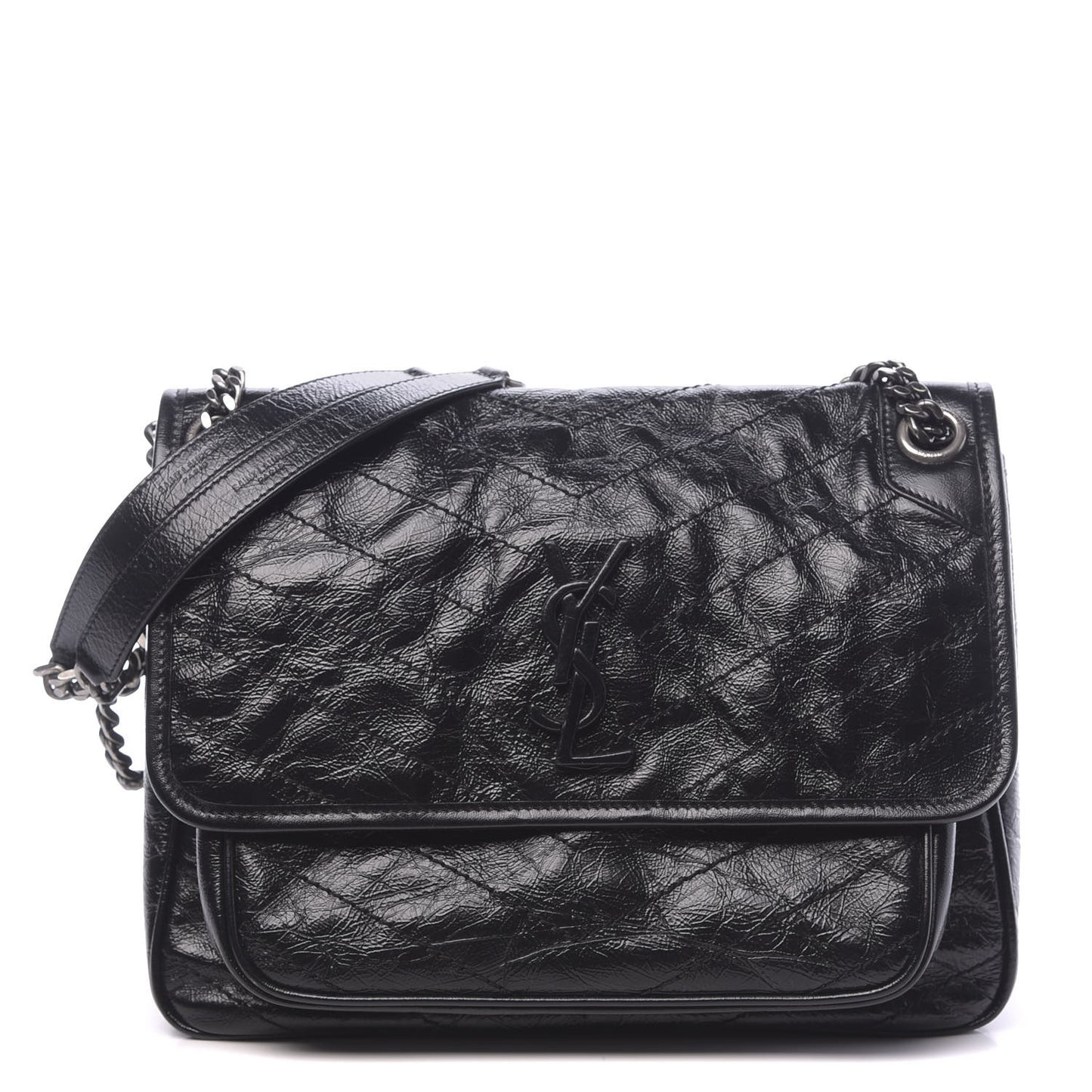 Crinkled Calfskin Matelasse Monogram Medium Niki Chain Satchel Black