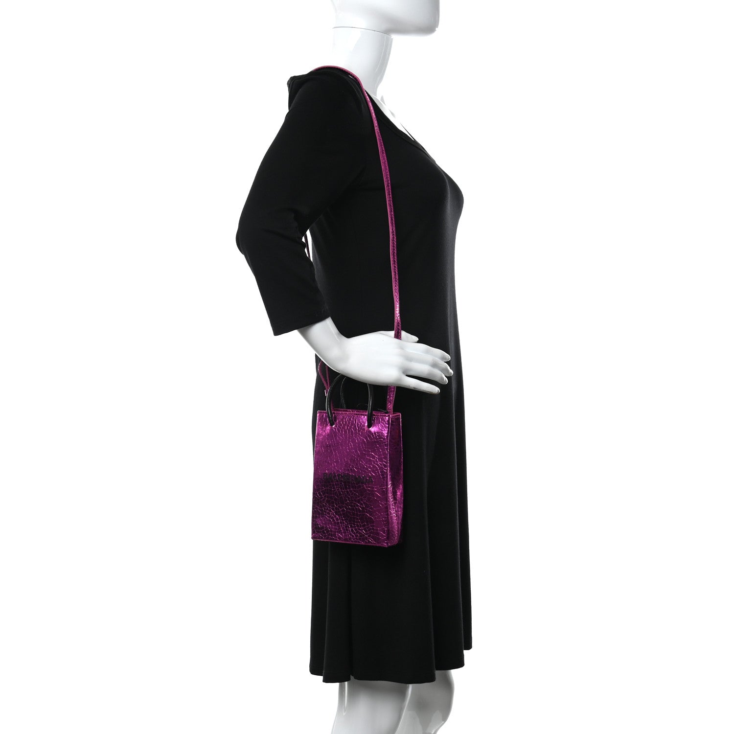 Balenciaga Metallic Calfskin Logo Shopping Phone Holder Bag Acid Fuchsia 2 of 10
