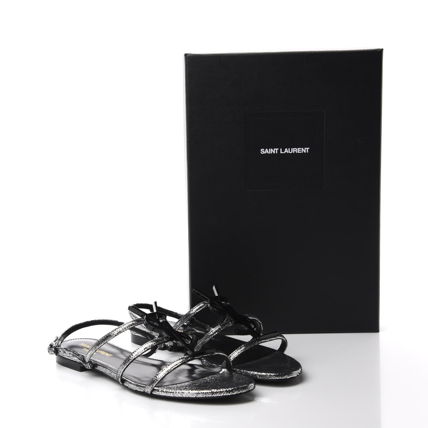 Saint Laurent Calfskin Cassandra Monogram Sandals 38.5 Argento 9 of 9