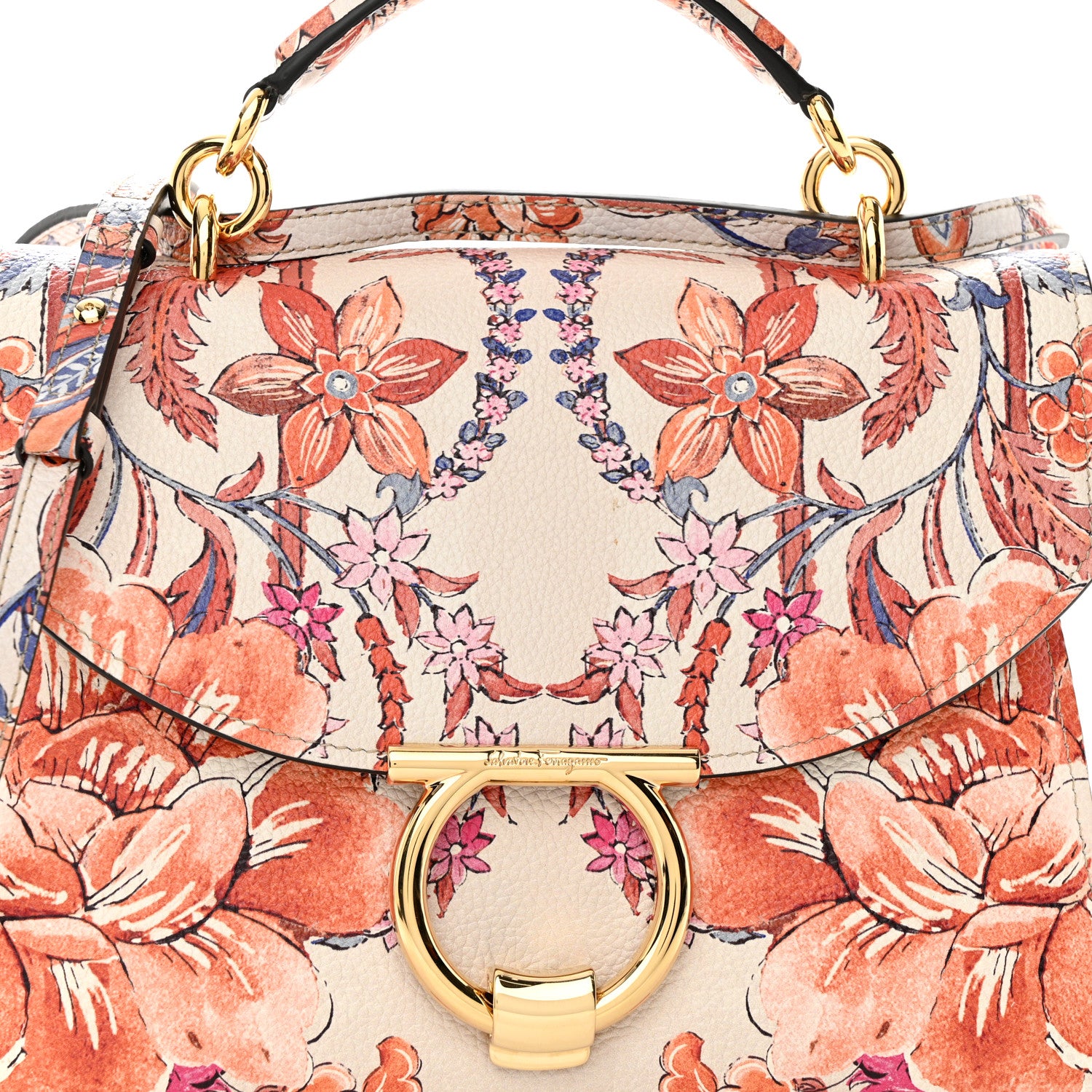 Salvatore Ferragamo Calfskin Fiori Print Margot Top Handle Satchel New White 6 of 8