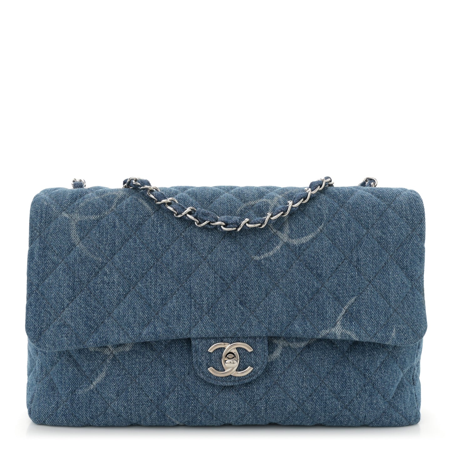 Denim Quilted CC Print Jumbo Single Flap Blue