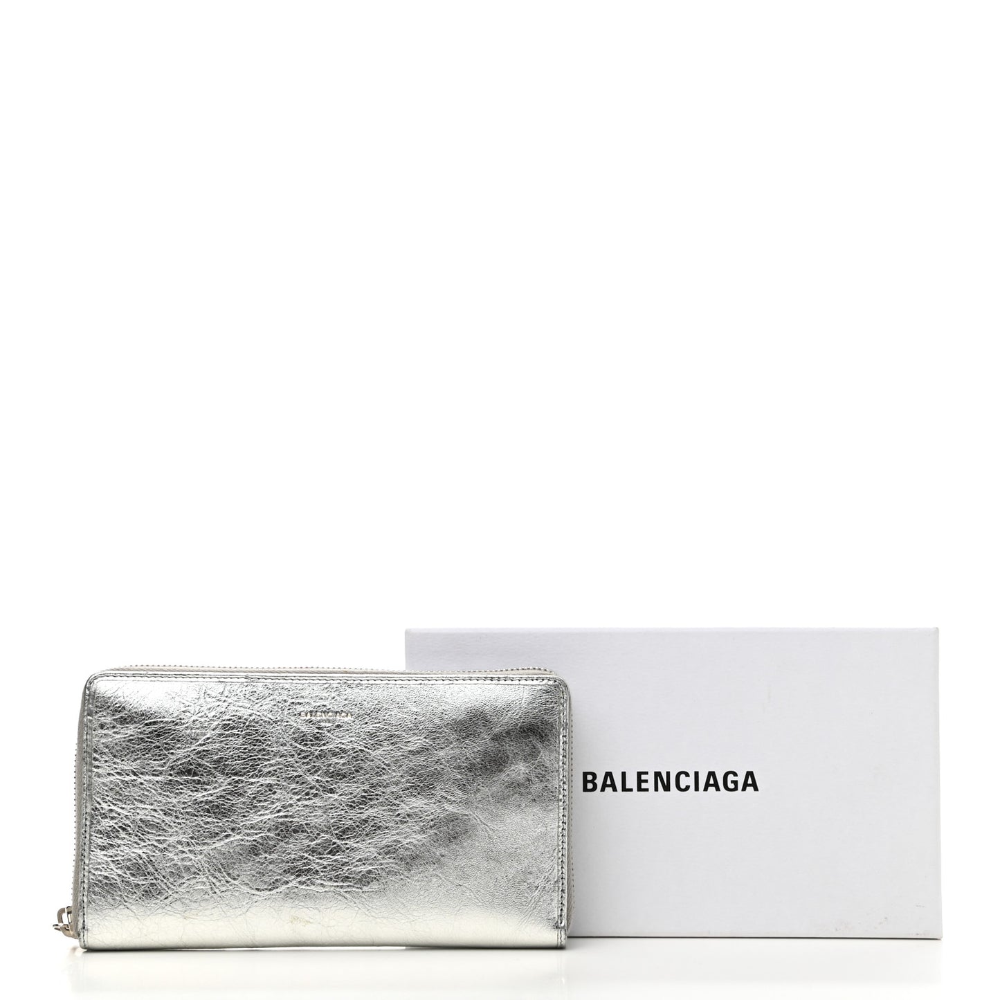 Metallic Calfskin Essential Continental Zip Around Wallet Silver