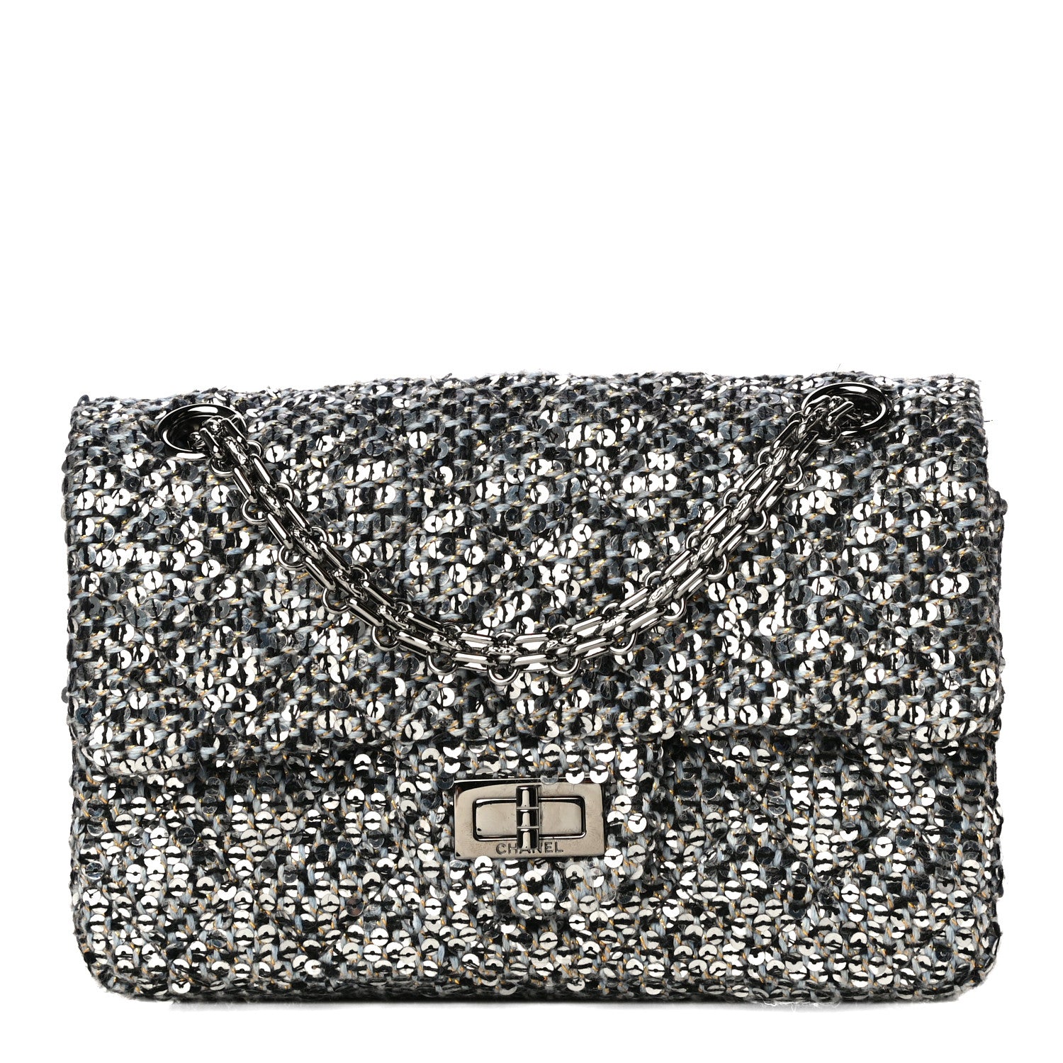 Chanel Tweed Quilted 2.55 Reissue Mini Flap Silver Black Gold 1 of 10