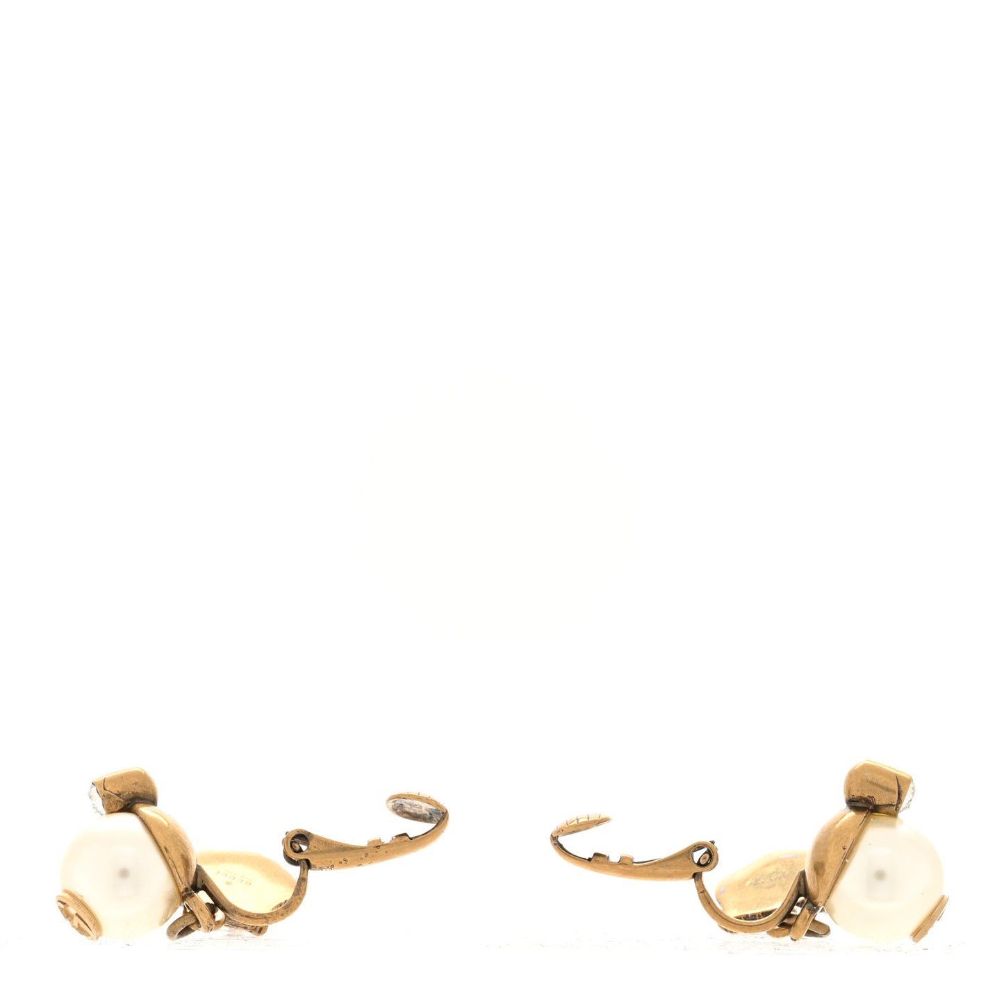 Metal Crystal Resin Pearl Feline Clip On Earrings Aged Gold