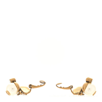 Gucci Metal Crystal Resin Pearl Feline Clip On Earrings Aged Gold 3 of 4