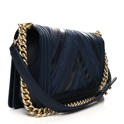 Chanel Calfskin Caviar Suede Chevron New Medium Boy Flap Navy 3 of 11