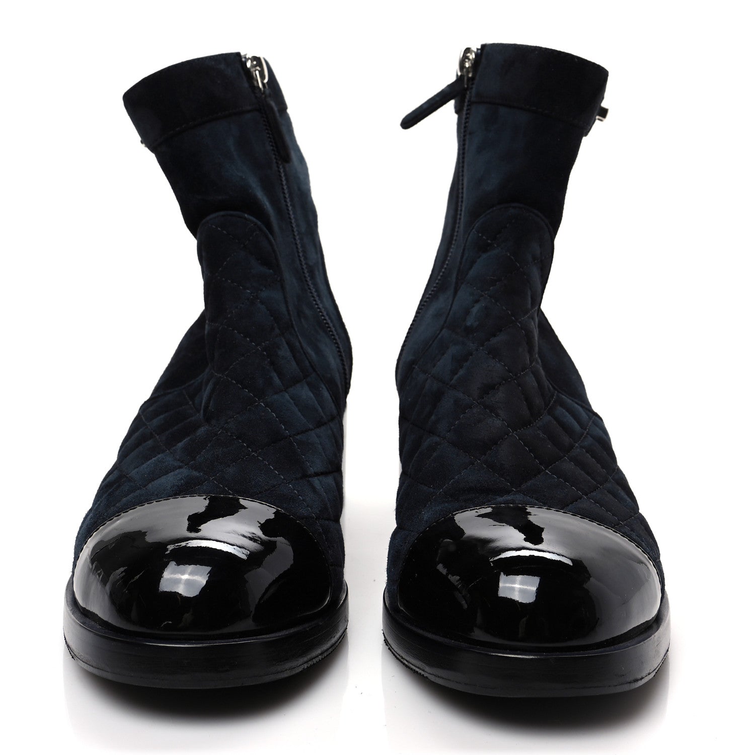 Chanel Suede Patent Calfskin Quilted Cap Toe Short Boots 41 Gray Black 2 of 8