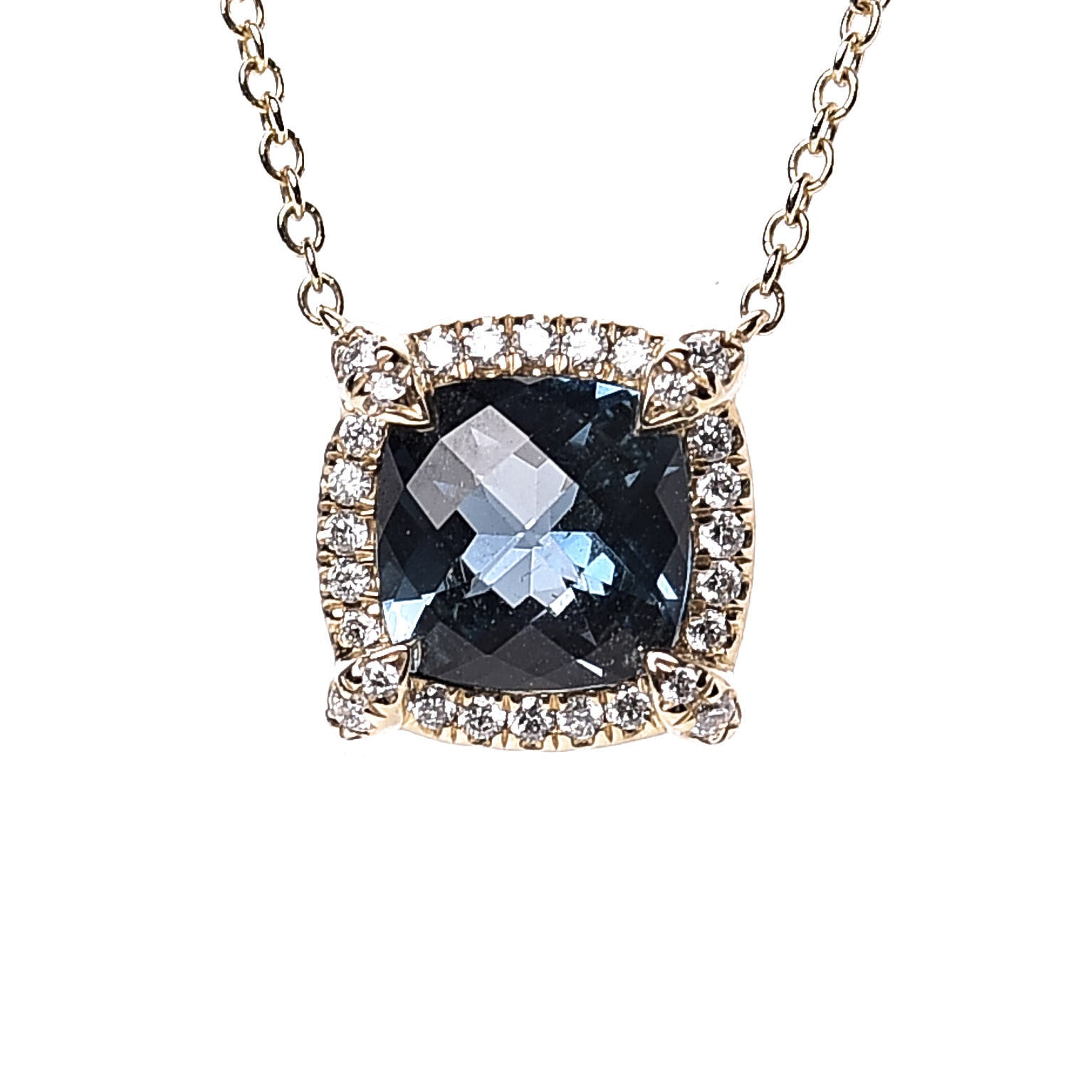 David Yurman 18K Yellow Gold Diamond Hampton Blue Topaz 7mm Petite Chatelaine Pave Bezel Pendant Necklace 4 of 7