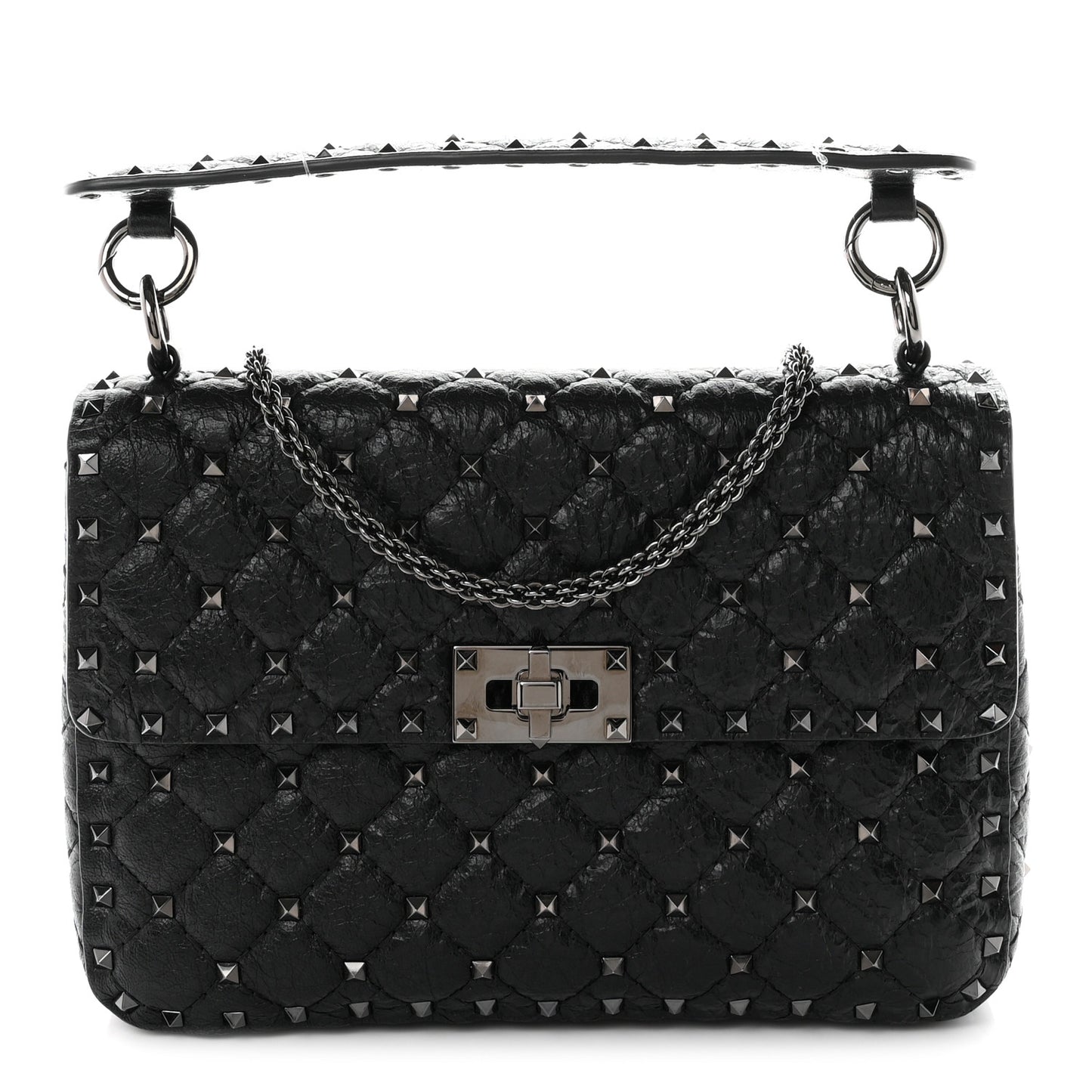 Craquele Nappa Medium Rockstud Spike Shoulder Bag Black