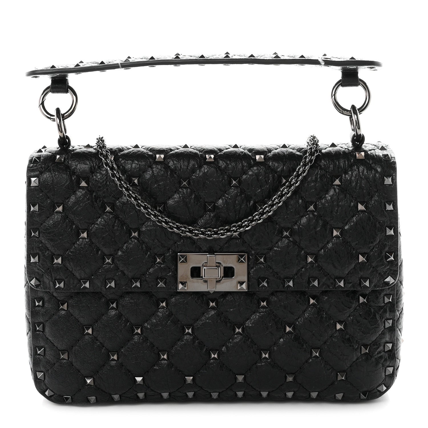 Valentino Garavani Craquele Nappa Medium Rockstud Spike Shoulder Bag Black 1 of 10