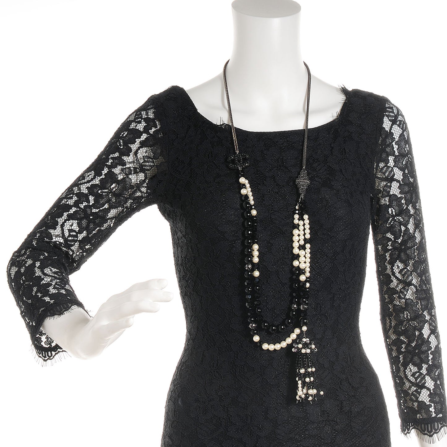 Pearl Beaded Crystal CC Tassel Necklace Black
