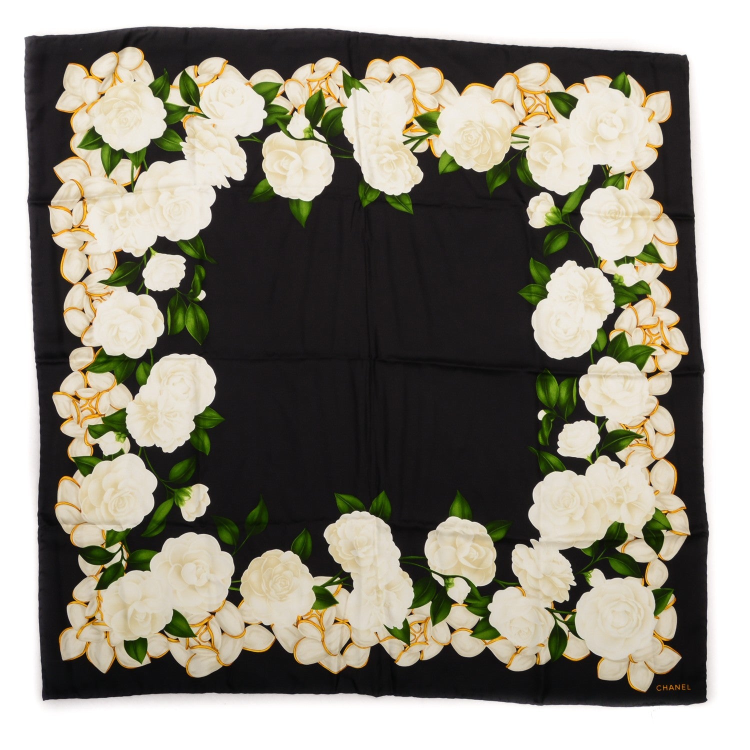 Chanel Silk Camellia Flower Square Scarf Navy 2 of 4