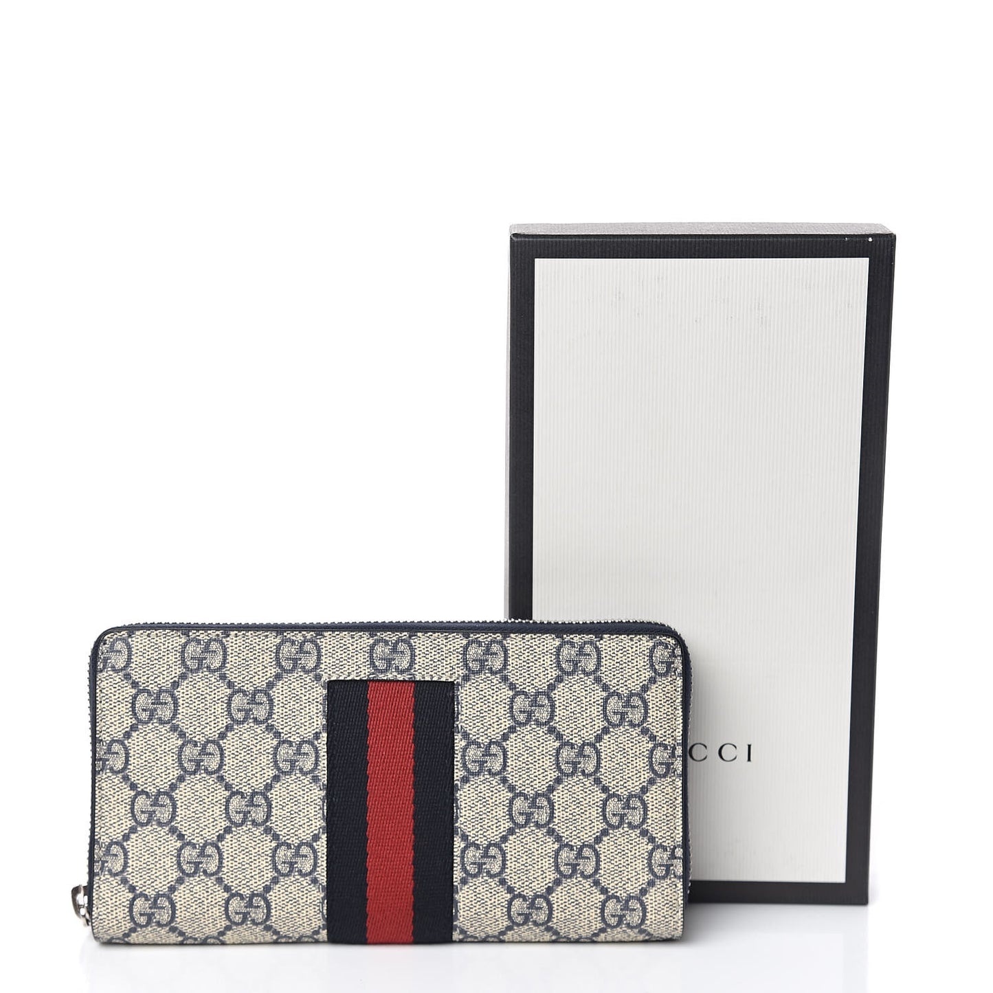 GG Supreme Monogram Web Zip Around Wallet Beige Blue