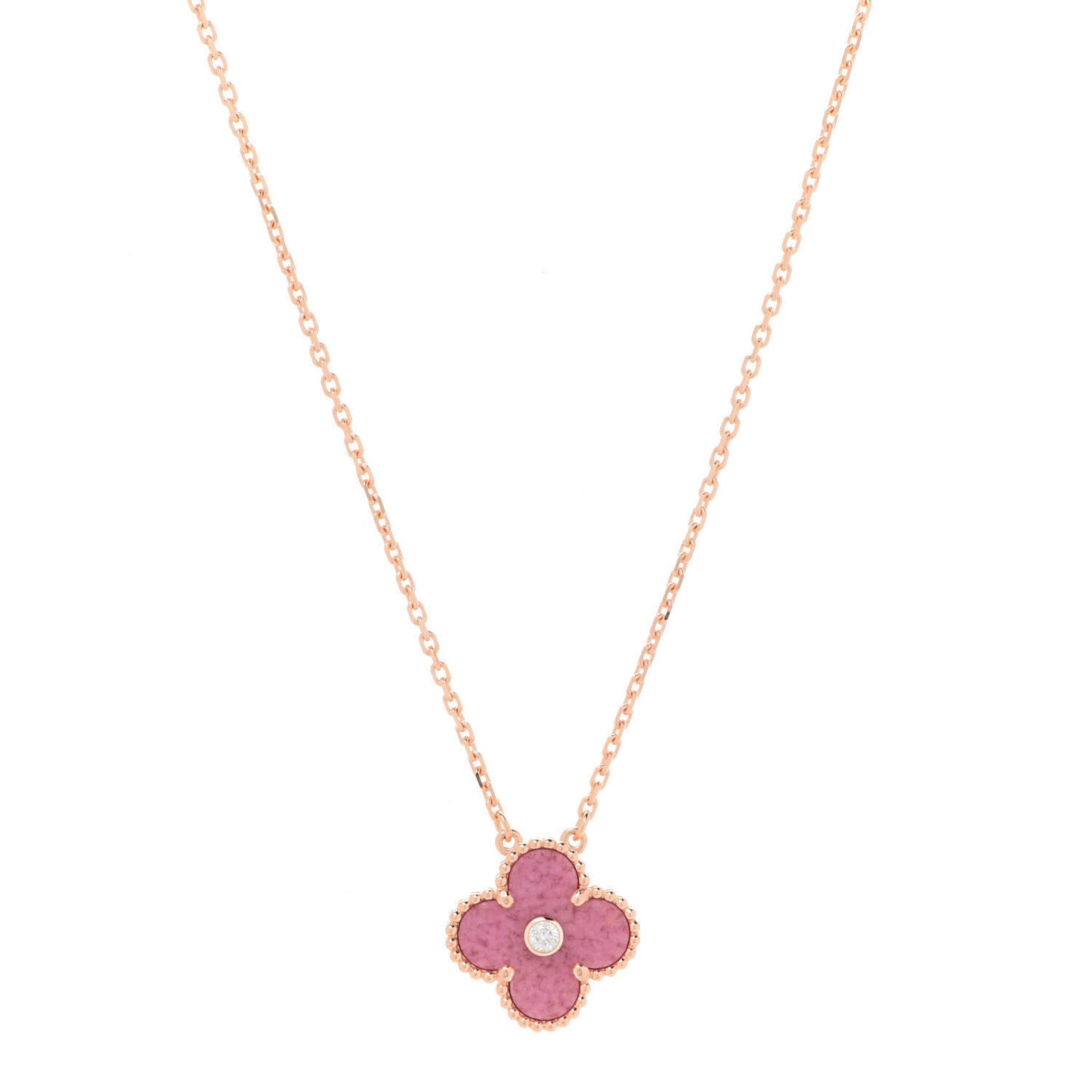 18K Rose Gold Diamond Rhodonite Vintage Alhambra Pendant Necklace