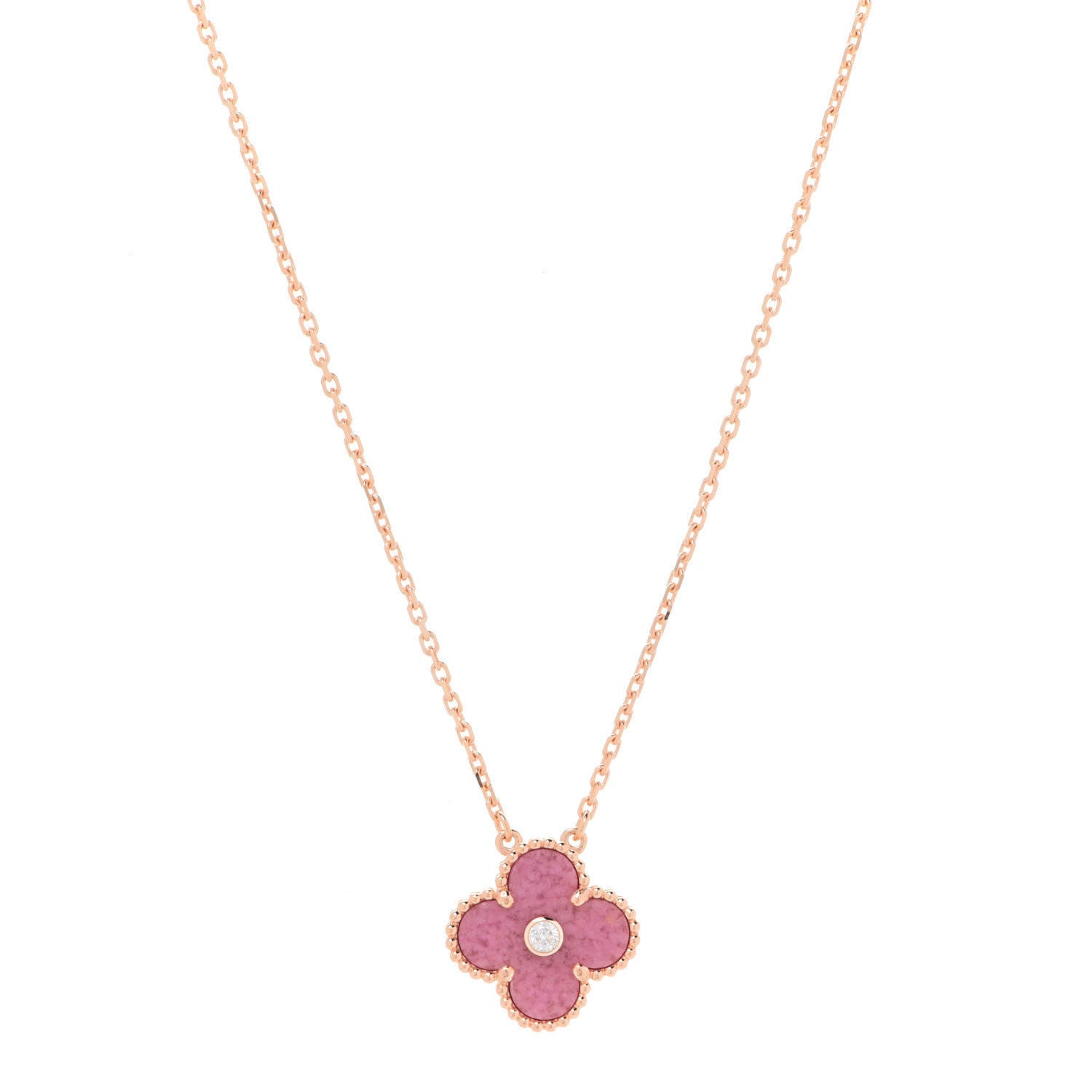 Van Cleef & Arpels 18K Rose Gold Diamond Rhodonite Vintage Alhambra Pendant Necklace 1 of 8