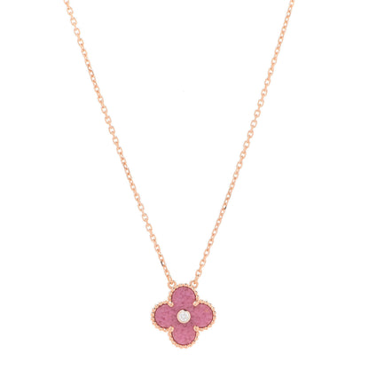 Van Cleef & Arpels 18K Rose Gold Diamond Rhodonite Vintage Alhambra Pendant Necklace 1 of 8