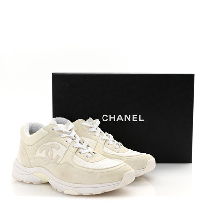 Chanel Suede Calfskin Fabric CC Sneakers 38.5 White 10 of 10