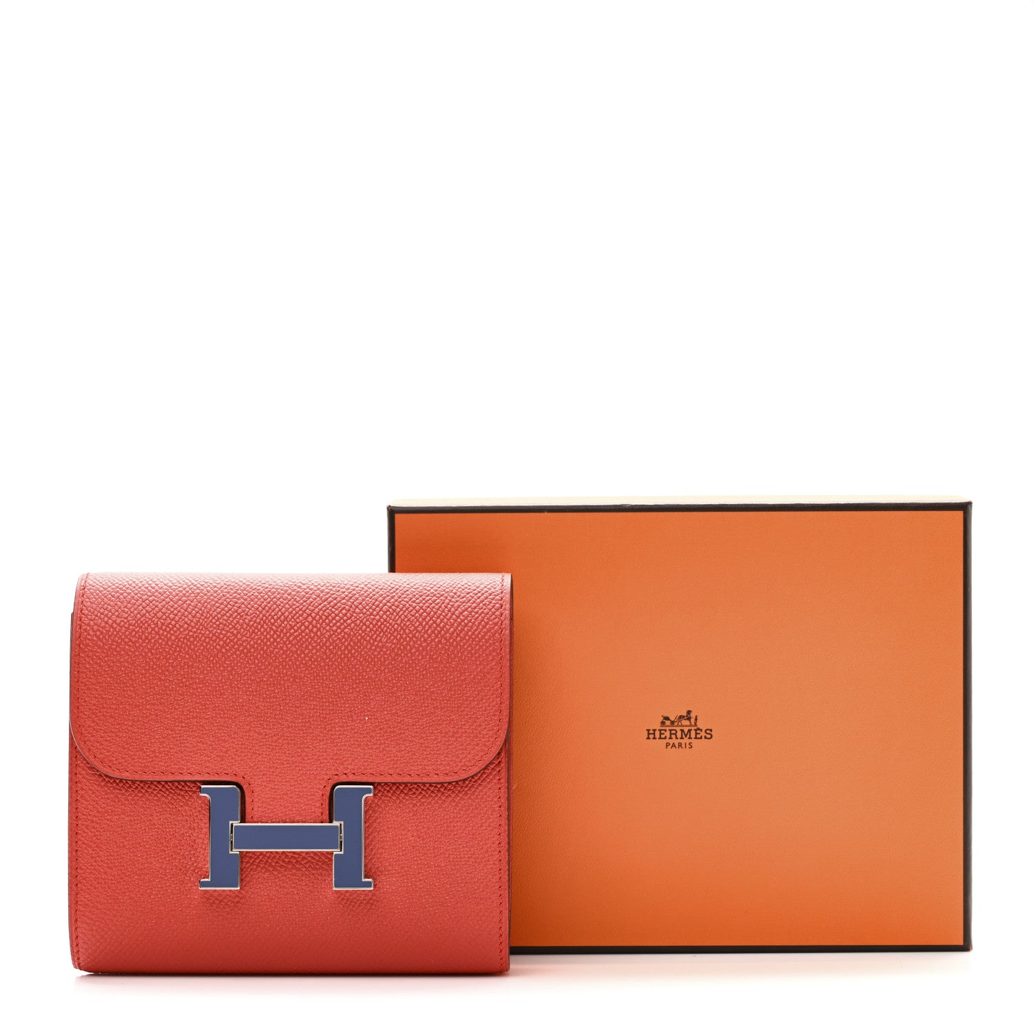 Hermes Epsom Enamel Constance Short Wallet Capucine Bleu Brighton