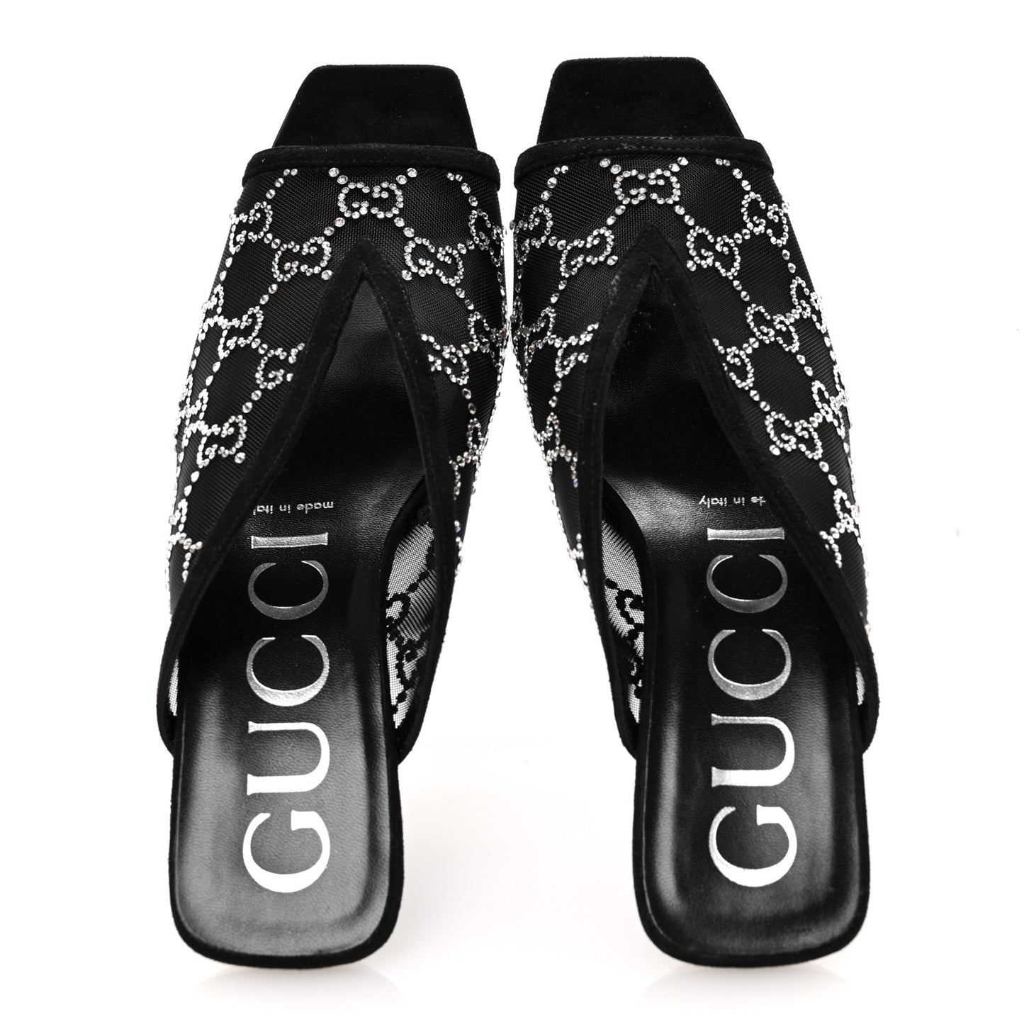 Tela Retino Kid Scamosciato Crystal GG Monogram Square G 95mm Slide Sandals 39 Black