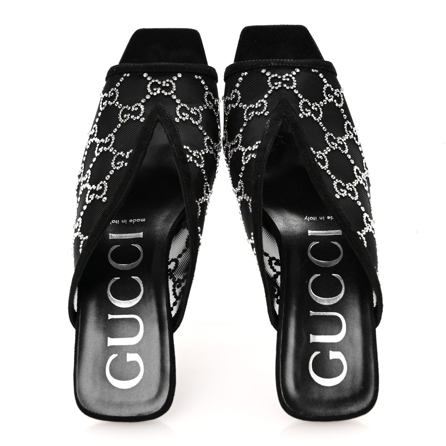 Gucci Tela Retino Kid Scamosciato Crystal GG Monogram Square G 95mm Slide Sandals 39 Black 2 of 10
