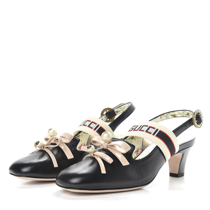 Gucci Malaga Kid Bow Ace Stripe Mid Heel Slingback Pumps 35.5 Black 3 of 10