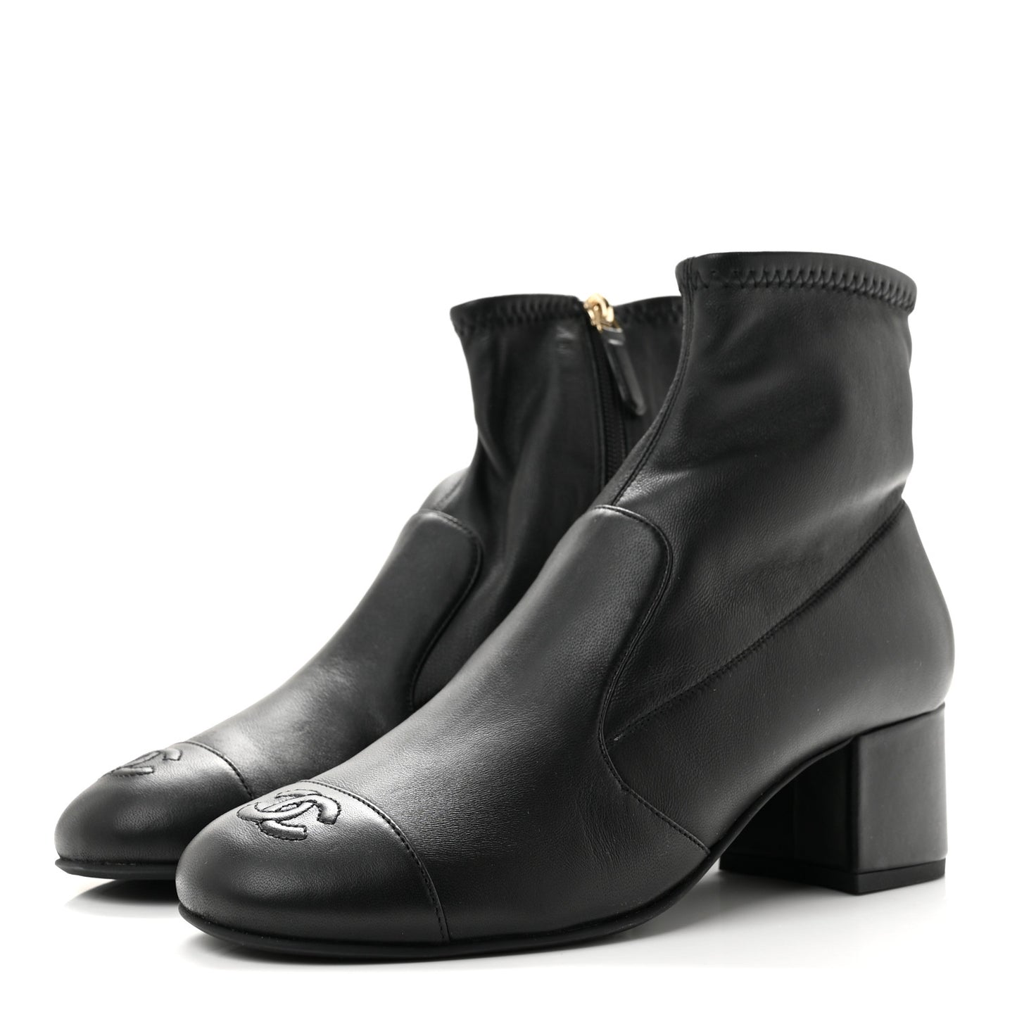 Stretch Lambskin Cap Toe CC Uniform Short Boots 38 Black