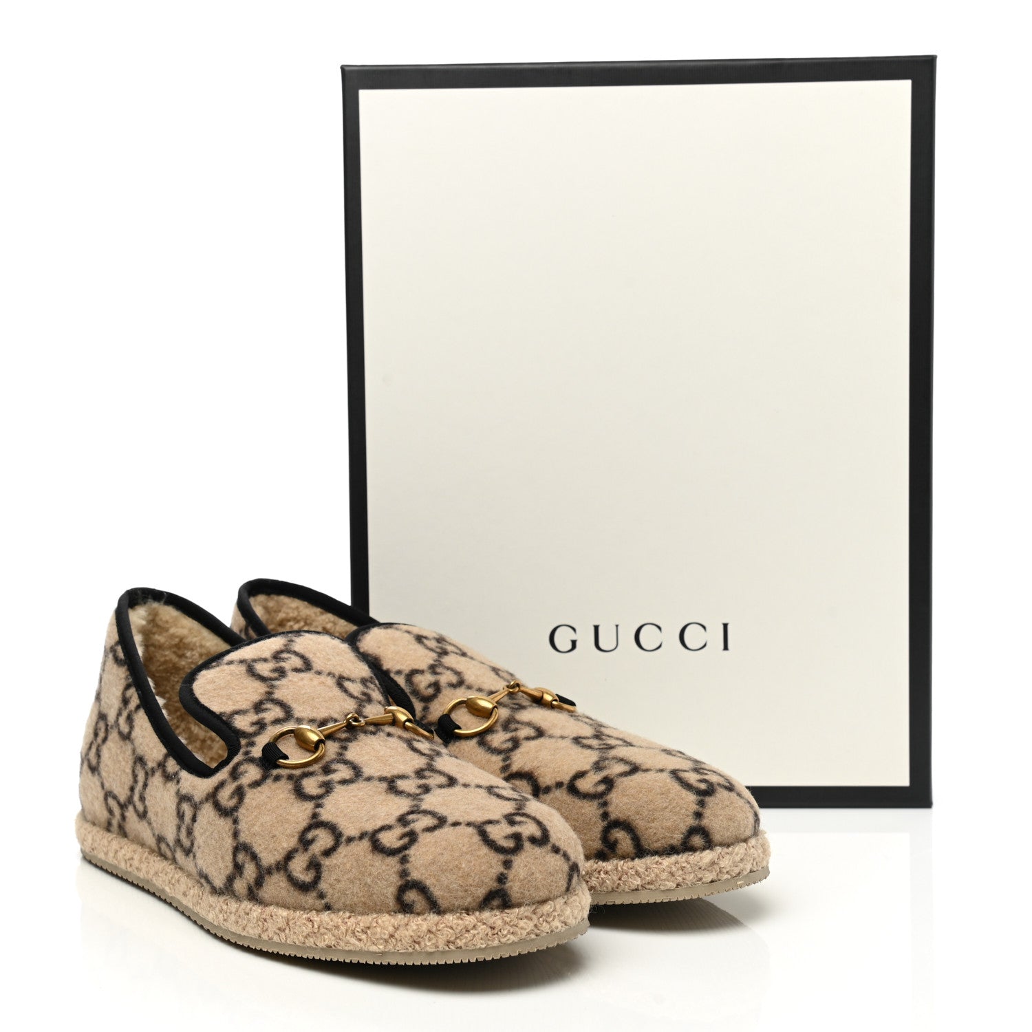 Gucci Covered Wool GG Monogram Mens Fria Horsebit Loafers 10 Beige Ebony Black Butterscotch 9 of 9