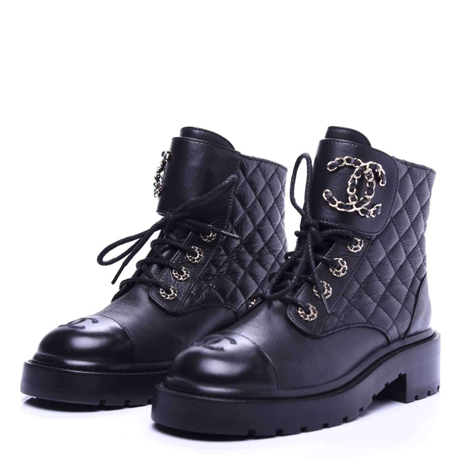 Chanel Shiny Goatskin Calfskin Quilted Lace Up Combat Boots 35.5 Black 3 of 10