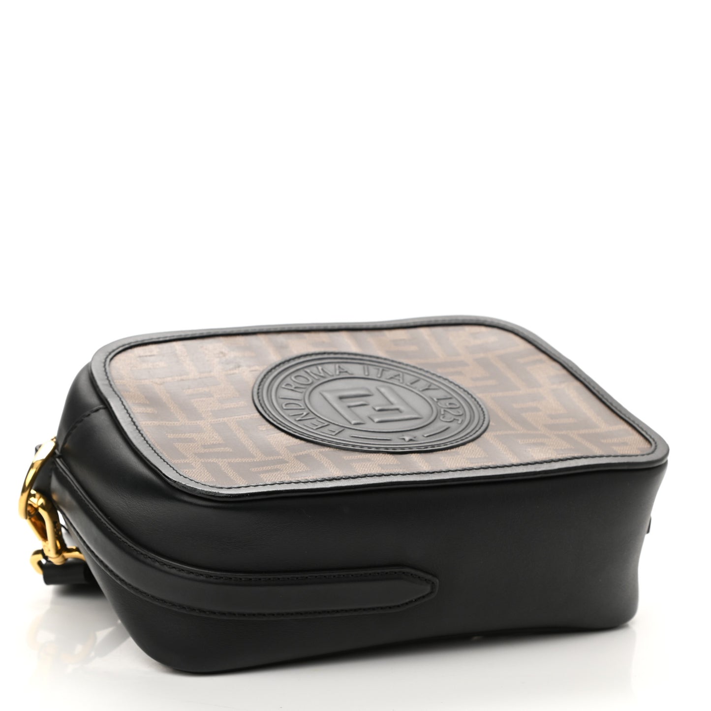 Glazed Fabric Vitello Century F is Fendi FF 1974 Stamp Patch Camera Case Mogano Panna Black