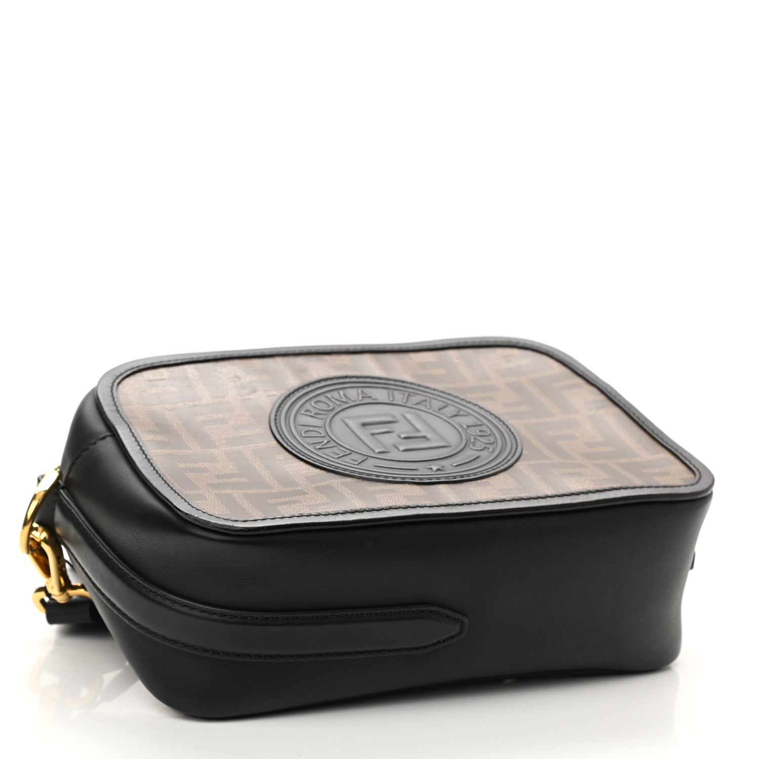 Fendi Glazed Fabric Vitello Century F is Fendi FF 1974 Stamp Patch Camera Case Mogano Panna Black 4 of 11