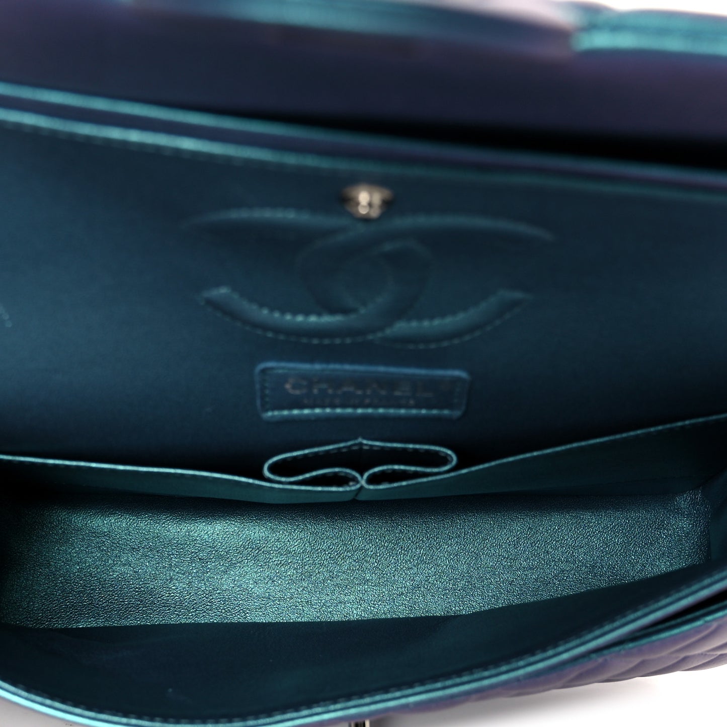 Metallic Lambskin Quilted Medium Double Flap Turquoise