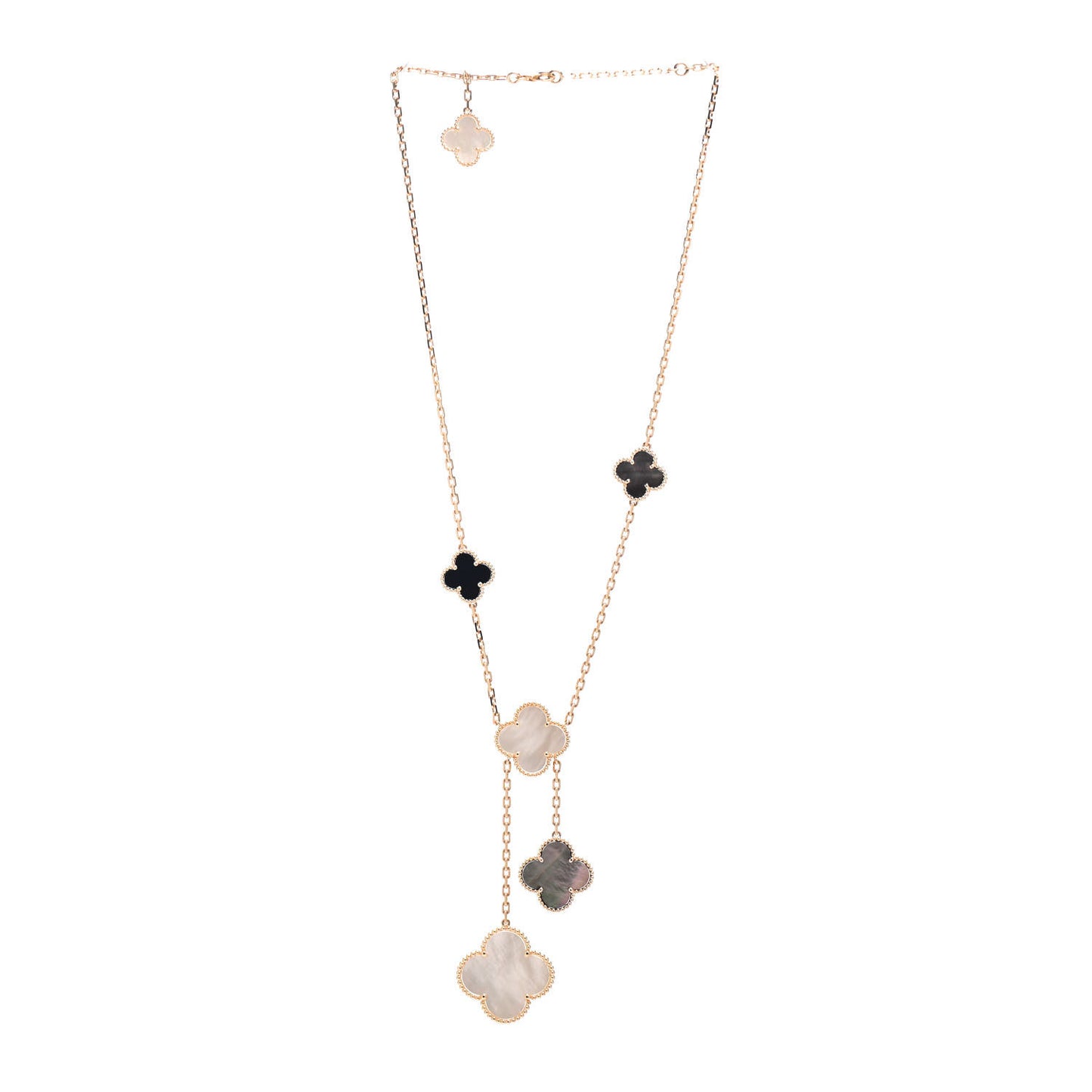 18K Yellow Gold Mother of Pearl Onyx 6 Motifs Magic Alhambra Necklace