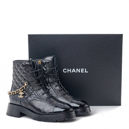 Chanel Shiny Calfskin Patent Quilted Chain Lace Up Combat Boots 39 Black 9 of 9