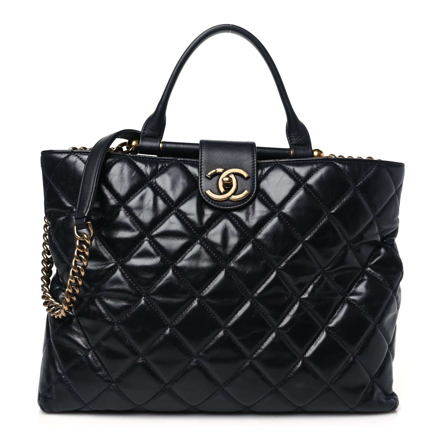 Chanel Calfskin Quilted Large Gold Bar Top Handle Tote Dark Navy Blue 1 of 11