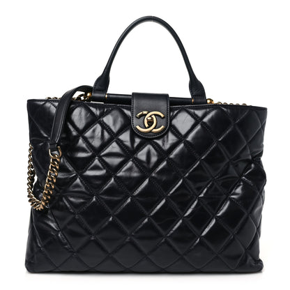 Chanel Calfskin Quilted Large Gold Bar Top Handle Tote Dark Navy Blue 1 of 11