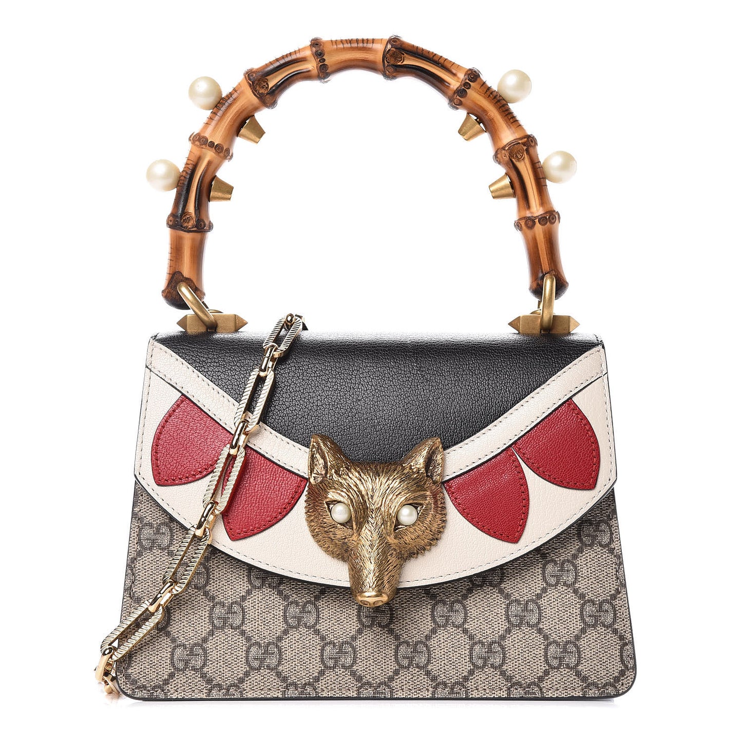 GG Supreme Monogram Goatskin Pearl Mini Fox Broche Bamboo Top Handle Bag Beige Ebony Black Hibiscus Red Mystic White