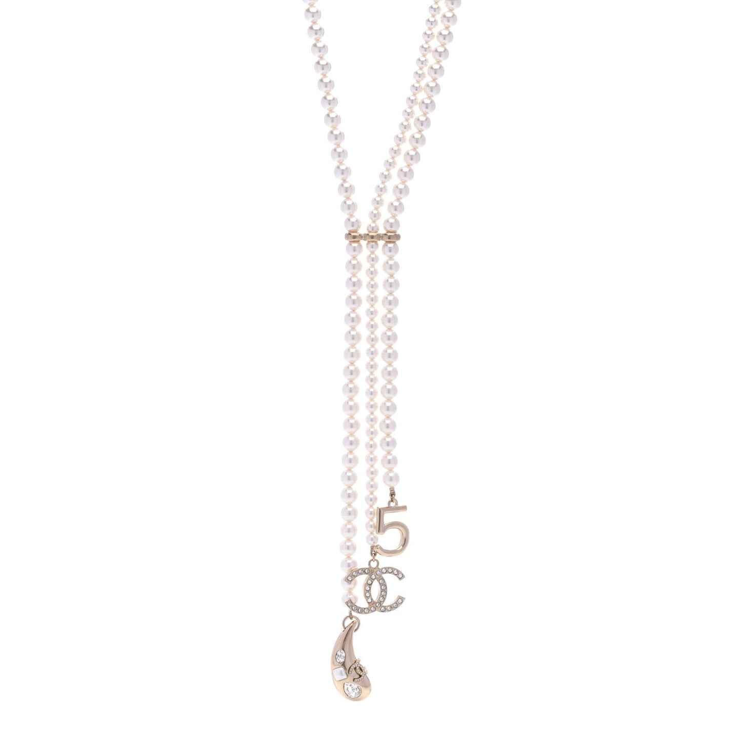 Pearl Beaded CC Charm Drop Multi Strand Lariat Necklace Pearly White Gold