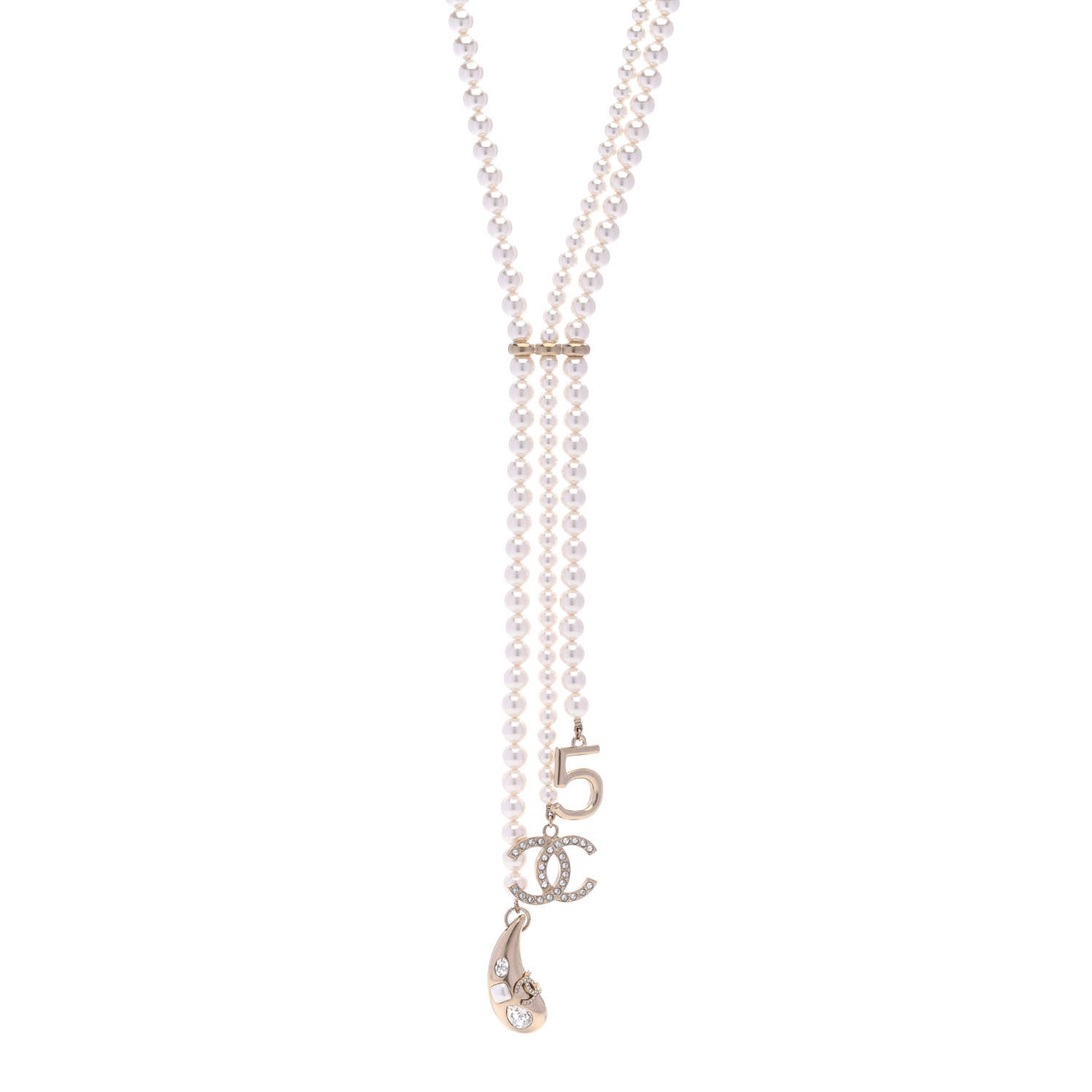 Chanel Pearl Beaded CC Charm Drop Multi Strand Lariat Necklace Pearly White Gold 1 of 6