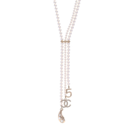 Chanel Pearl Beaded CC Charm Drop Multi Strand Lariat Necklace Pearly White Gold 1 of 6