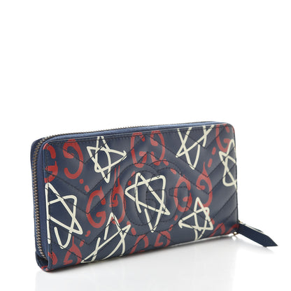 Gucci Calfskin Matelasse GucciGhost GG Marmont Zip Around Wallet Blue Agata Hibiscus Red 3 of 8