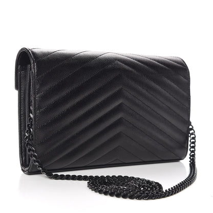 Saint Laurent Grain De Poudre Matelasse Chevron Monogram Chain Wallet Black 3 of 9