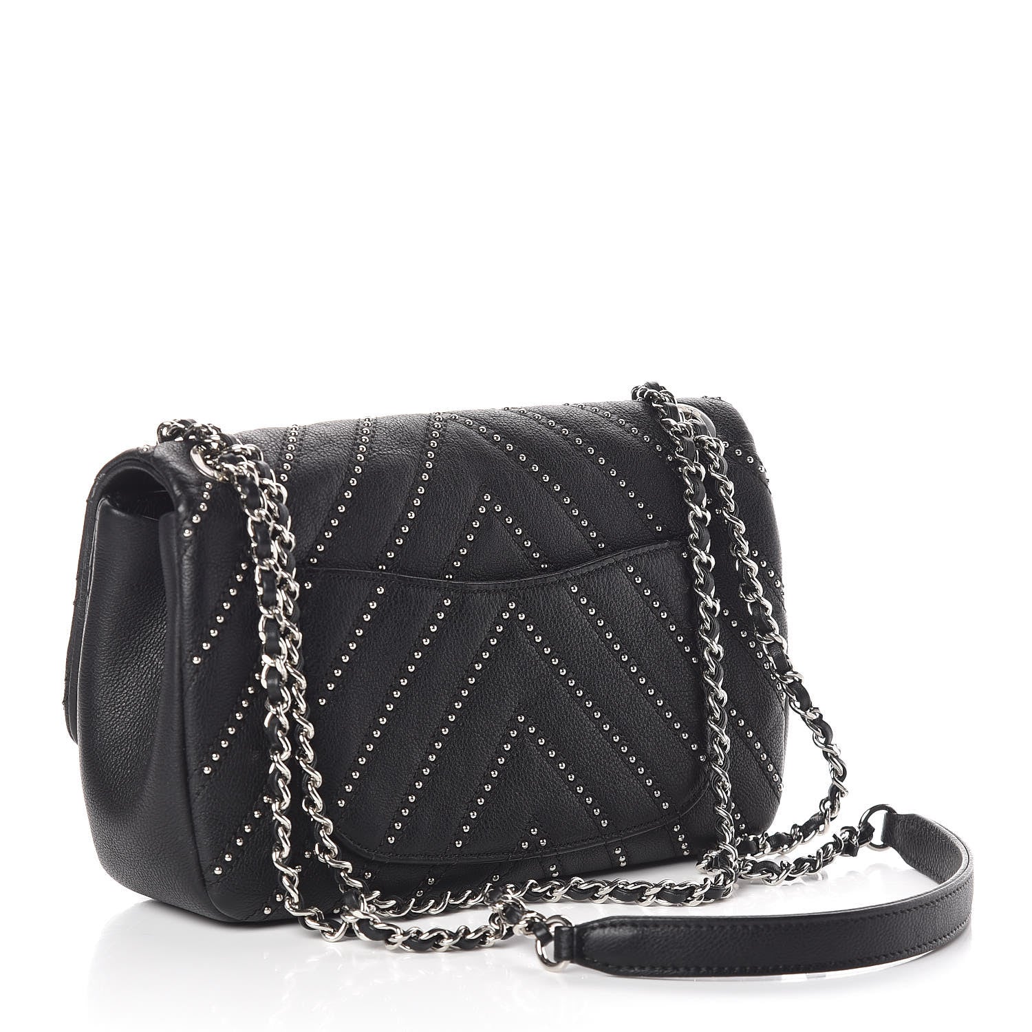 Chanel Calfskin Studded Chevron Quilted Small Wars Flap Black 3 of 11