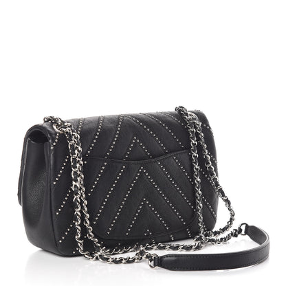 Chanel Calfskin Studded Chevron Quilted Small Wars Flap Black 3 of 11
