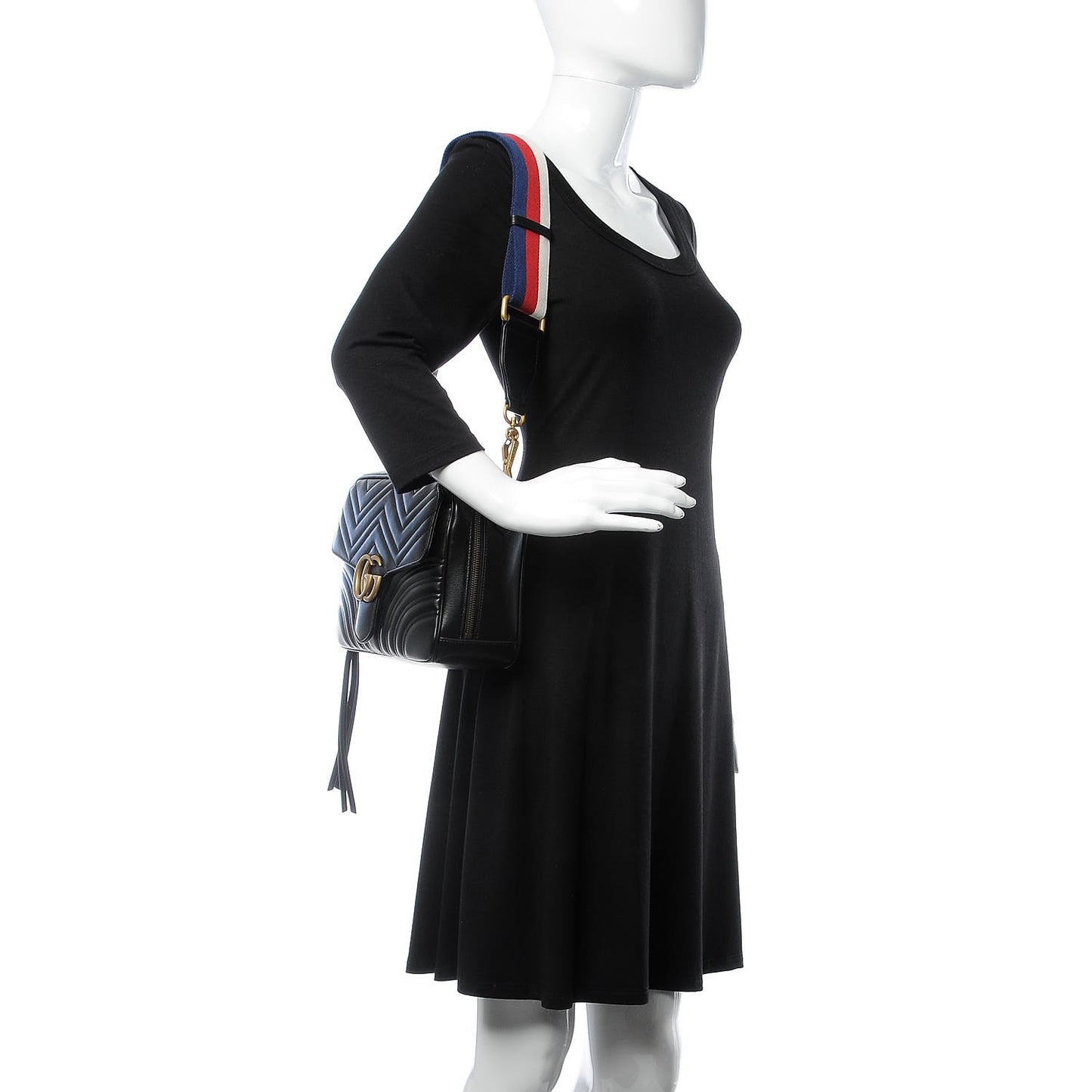 Calfskin Matelasse Sylvie Web Small GG Marmont Top Handle Shoulder Bag Black