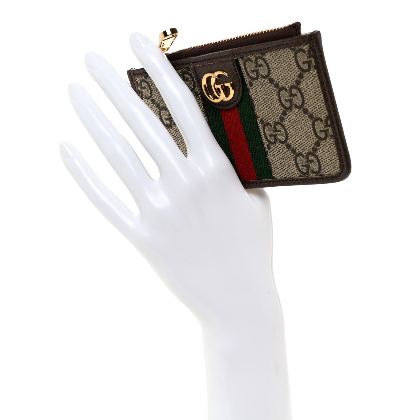 GG Supreme Monogram Web Ophidia Zip Card Case Brown