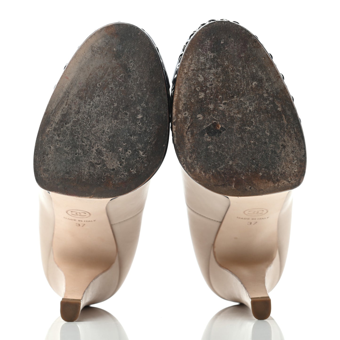 Calfskin CC Cap Toe Platform Chain Pumps 37 Beige Black