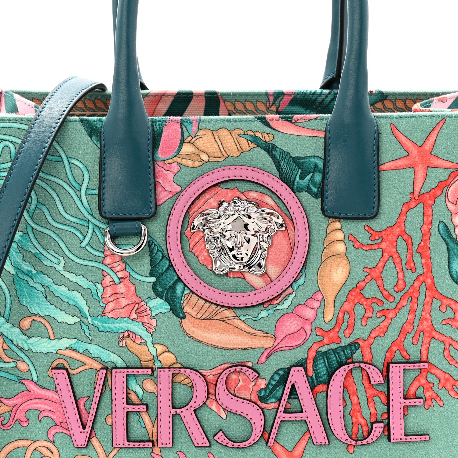Versace Canvas Barocco Underwater Medusa Small Tote Light Blue Pink Multicolor 7 of 9