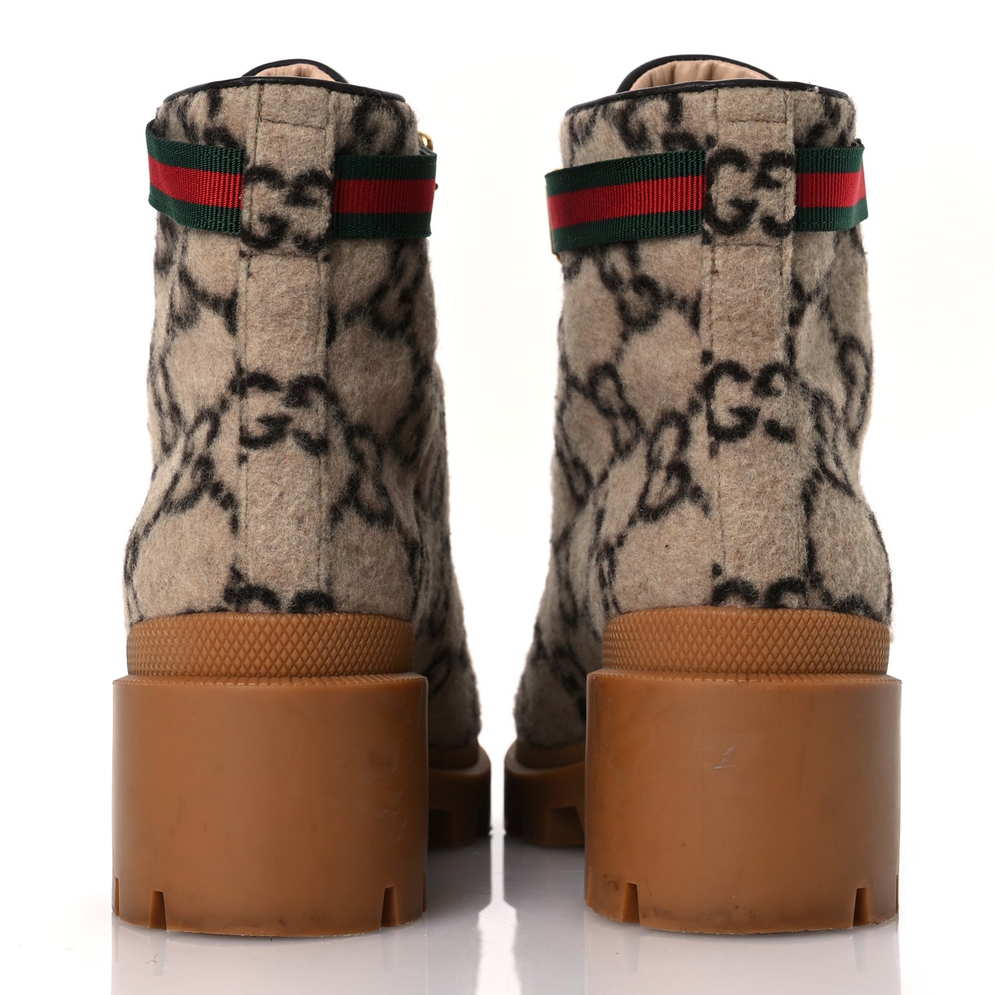 Covered Wool Big GG Monogram Womens Lace Up Combat Ankle Boots 38 Beige Ebony Cocoa
